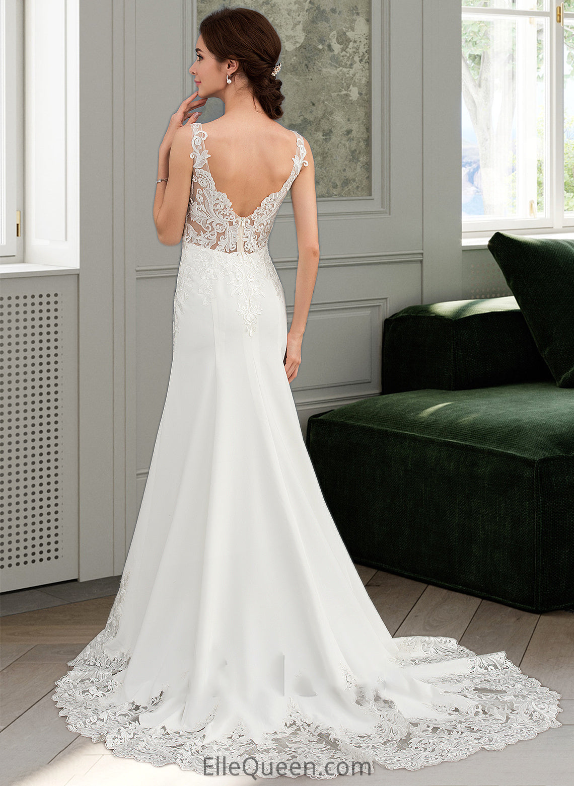 Suzanne Trumpet/Mermaid V-neck Court Train Lace Stretch Crepe Wedding Dress With Sequins DGP0013738