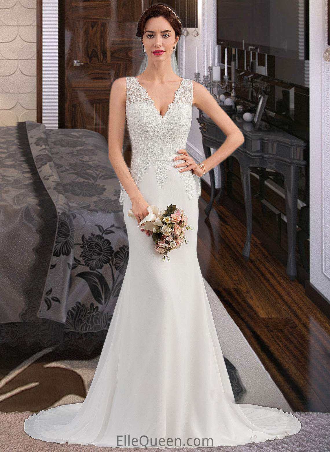 Lauryn Trumpet/Mermaid V-neck Court Train Chiffon Wedding Dress DGP0013788