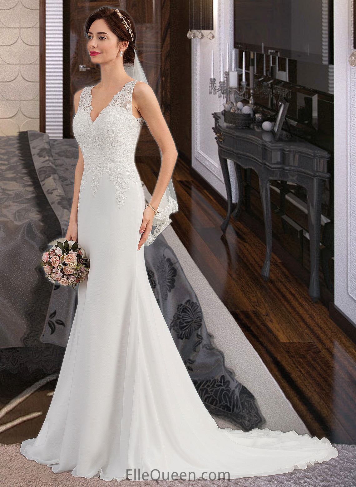 Lauryn Trumpet/Mermaid V-neck Court Train Chiffon Wedding Dress DGP0013788