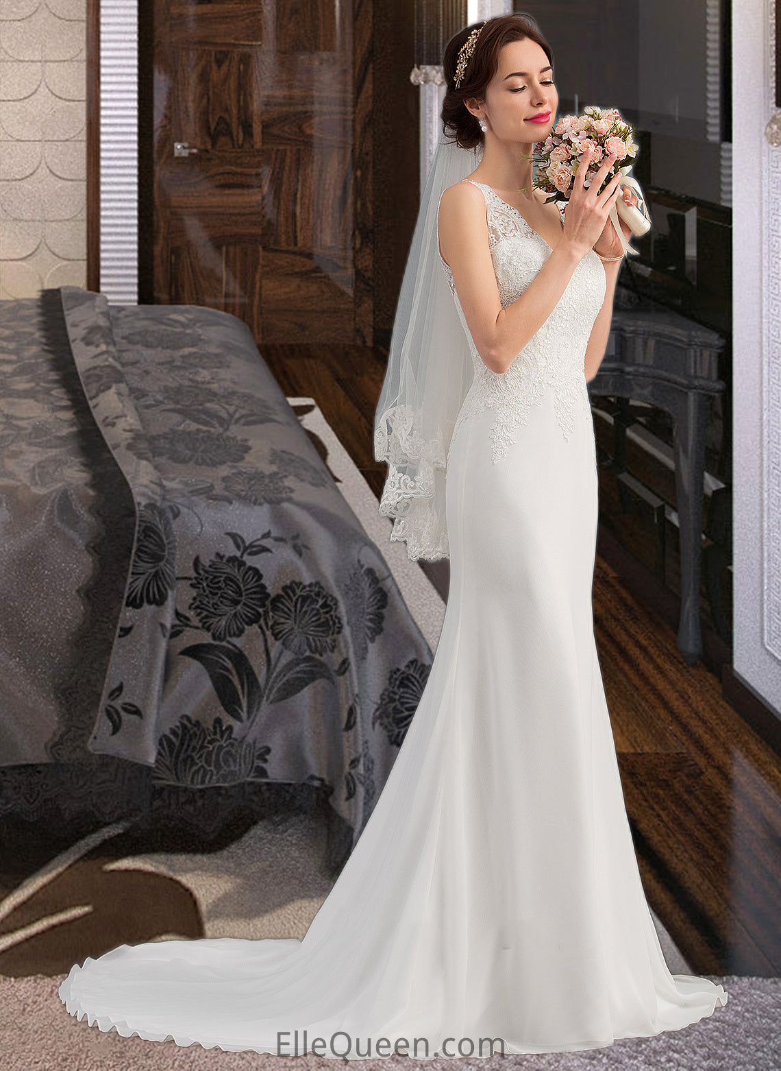 Lauryn Trumpet/Mermaid V-neck Court Train Chiffon Wedding Dress DGP0013788