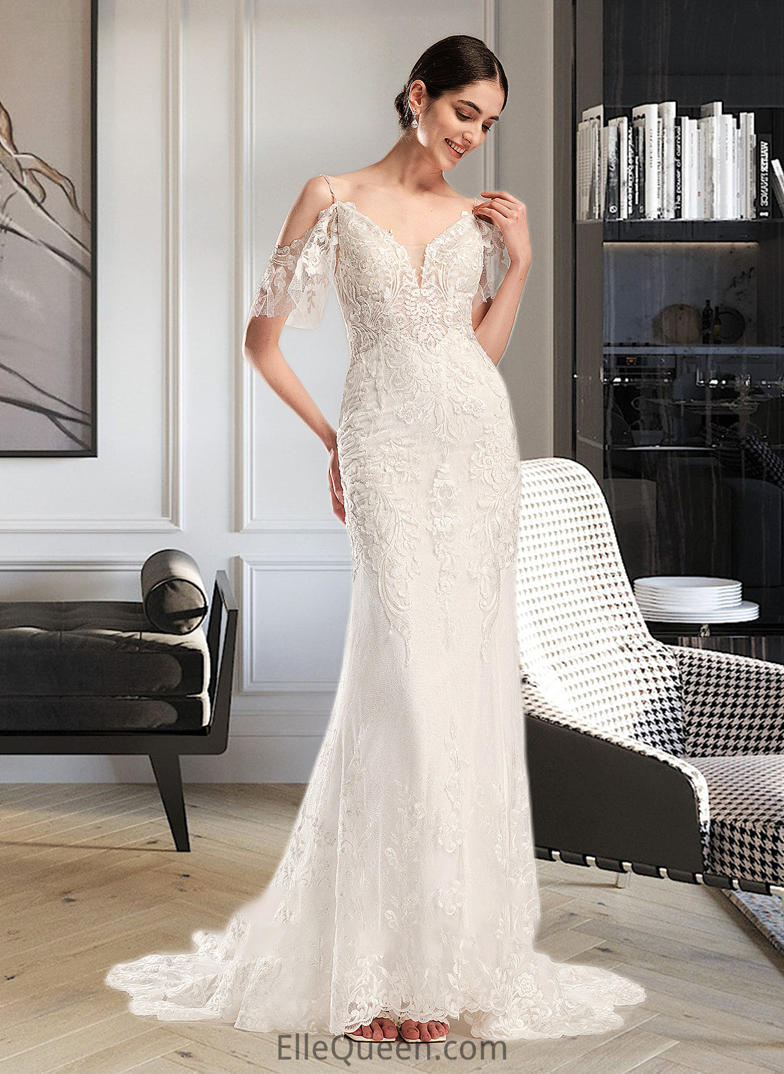 Charlie Trumpet/Mermaid V-neck Chapel Train Wedding Dress With Beading Sequins DGP0013802