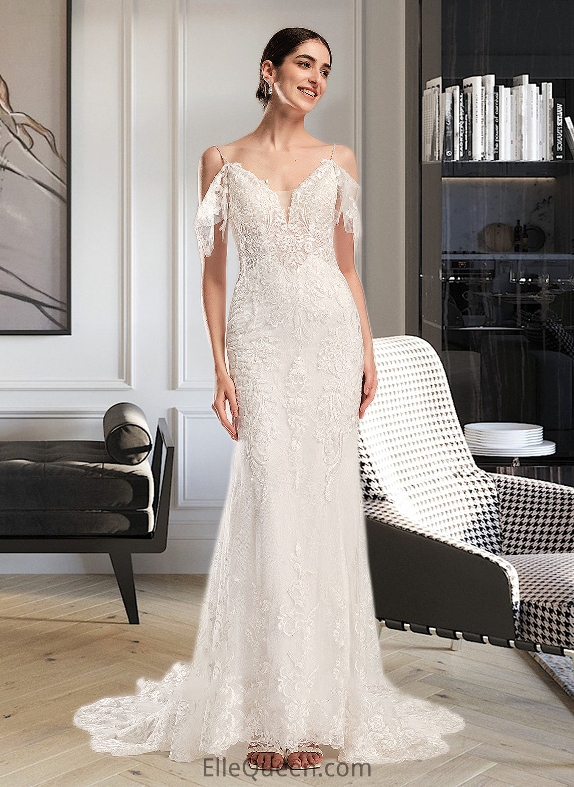 Charlie Trumpet/Mermaid V-neck Chapel Train Wedding Dress With Beading Sequins DGP0013802