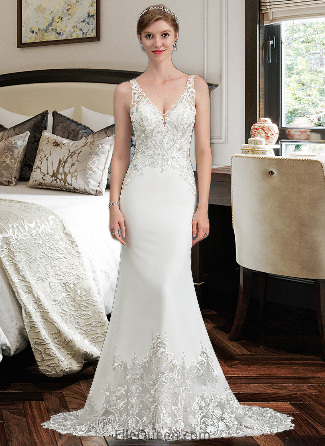 Aliya Trumpet/Mermaid V-neck Court Train Stretch Crepe Wedding Dress DGP0013803