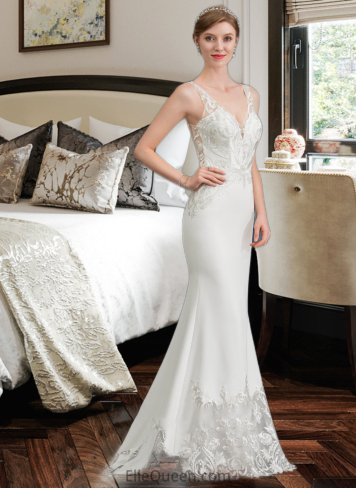 Aliya Trumpet/Mermaid V-neck Court Train Stretch Crepe Wedding Dress DGP0013803