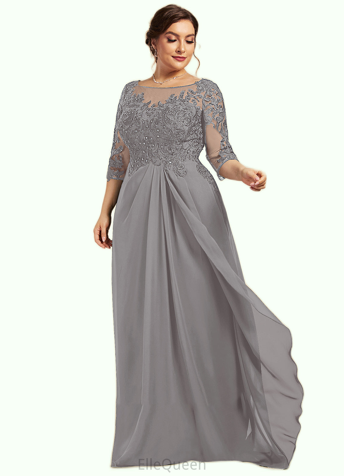 Gwendoline A-Line Scoop Neck Floor-Length Chiffon Lace Mother of the Bride Dress With Beading Sequins Cascading Ruffles DG126P0014529