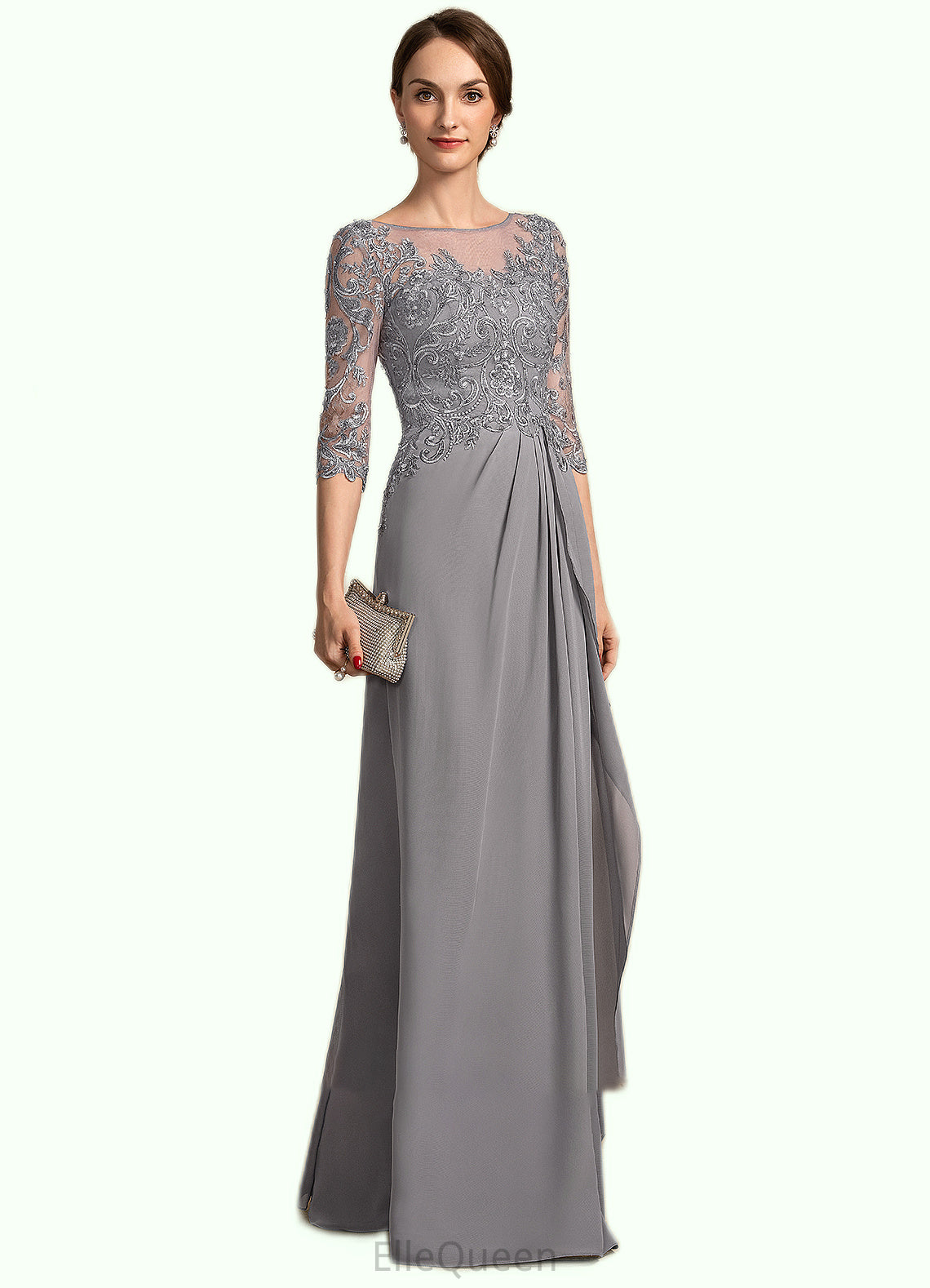 Gwendoline A-Line Scoop Neck Floor-Length Chiffon Lace Mother of the Bride Dress With Beading Sequins Cascading Ruffles DG126P0014529