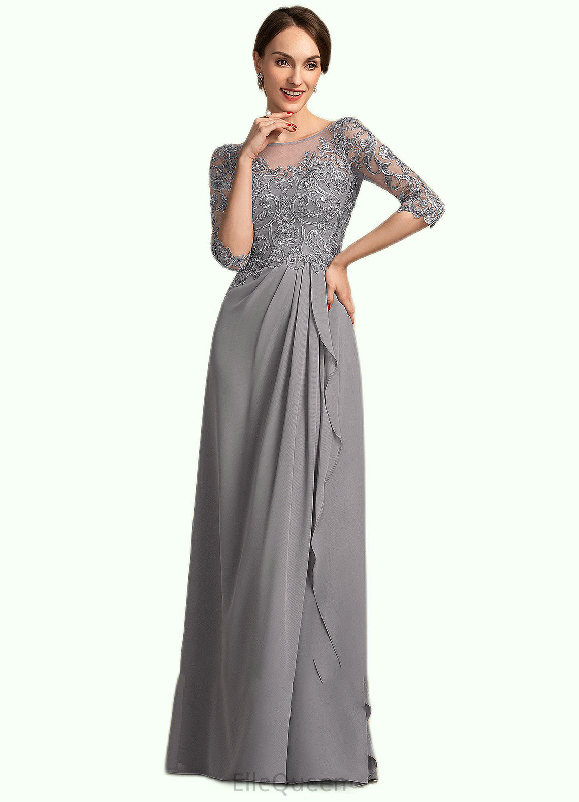 Gwendoline A-Line Scoop Neck Floor-Length Chiffon Lace Mother of the Bride Dress With Beading Sequins Cascading Ruffles DG126P0014529