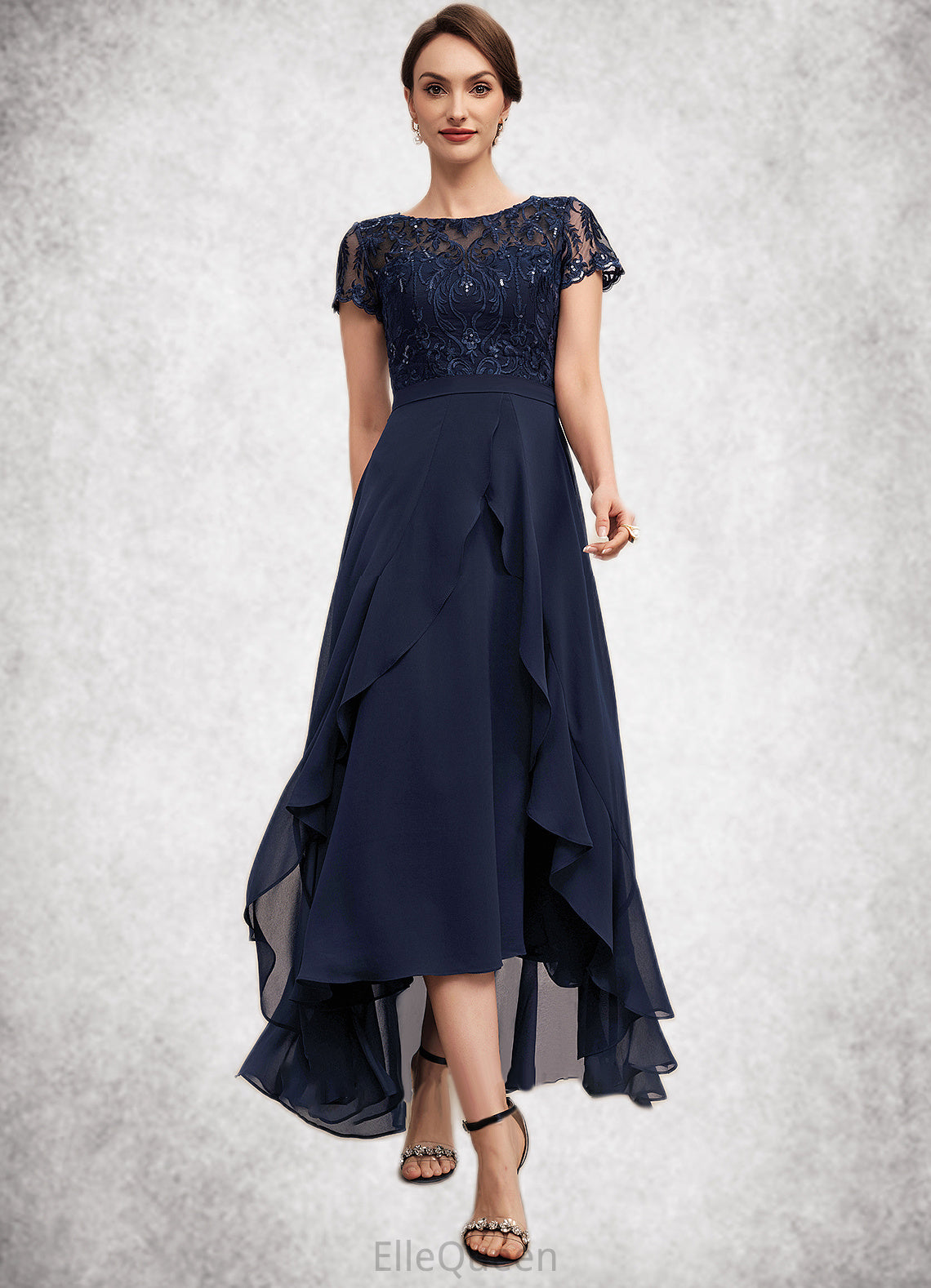 Amari A-Line Scoop Neck Asymmetrical Chiffon Lace Mother of the Bride Dress With Sequins Bow(s) Cascading Ruffles DG126P0014530