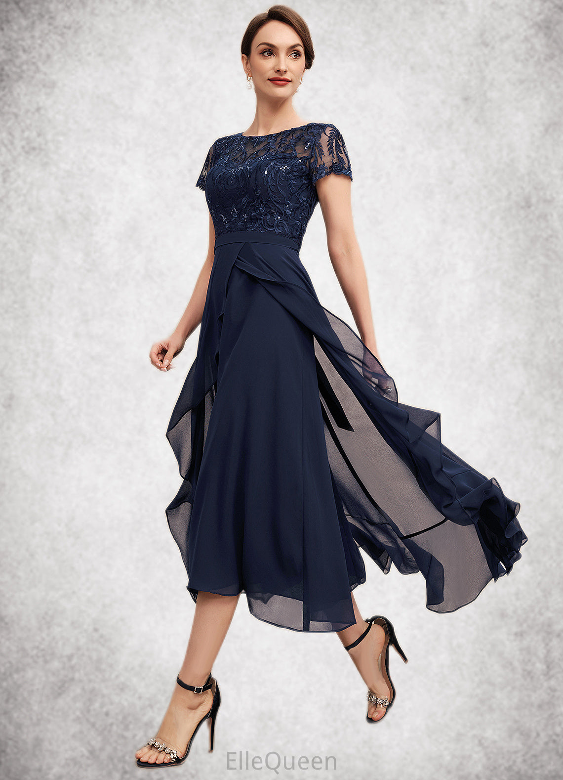 Amari A-Line Scoop Neck Asymmetrical Chiffon Lace Mother of the Bride Dress With Sequins Bow(s) Cascading Ruffles DG126P0014530