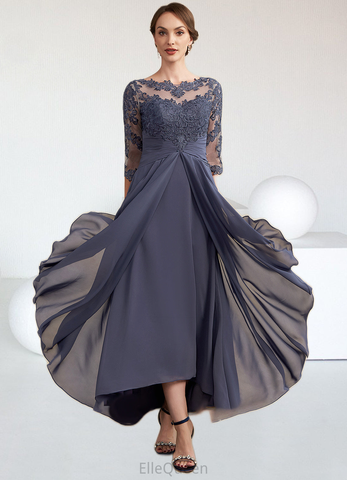 Toni A-Line Scoop Neck Asymmetrical Chiffon Lace Mother of the Bride Dress With Ruffle DG126P0014531