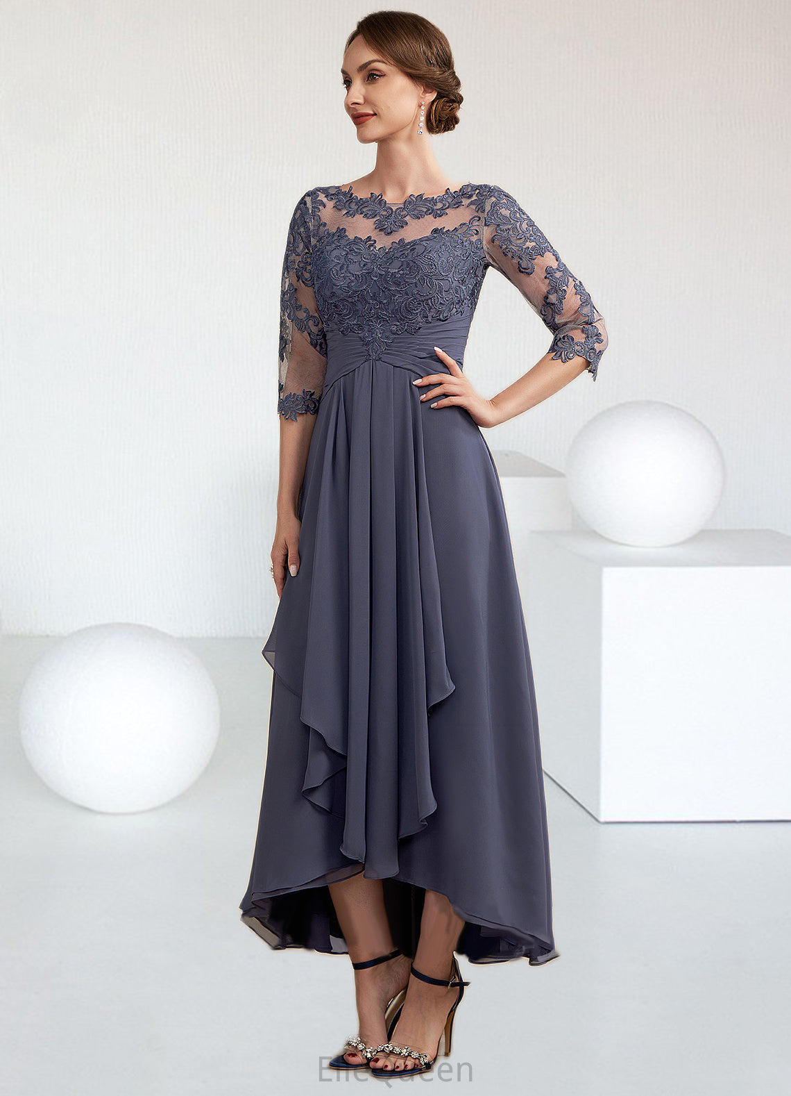 Toni A-Line Scoop Neck Asymmetrical Chiffon Lace Mother of the Bride Dress With Ruffle DG126P0014531