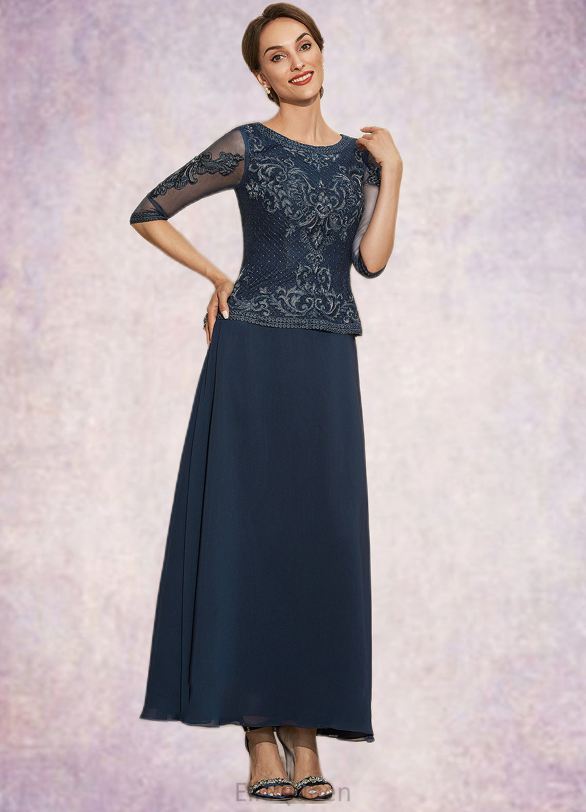 Viv A-Line Scoop Neck Ankle-Length Chiffon Lace Mother of the Bride Dress DG126P0014942