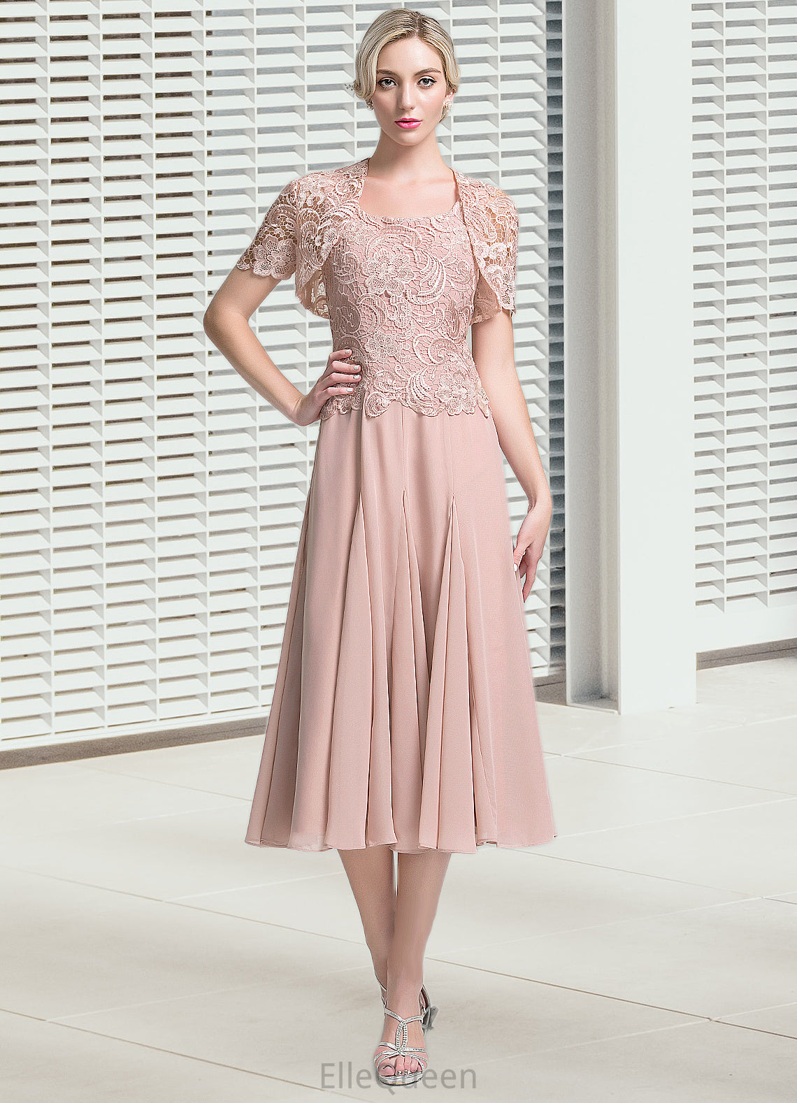 Mildred A-Line Square Neckline Tea-Length Chiffon Mother of the Bride Dress DG126P0014947