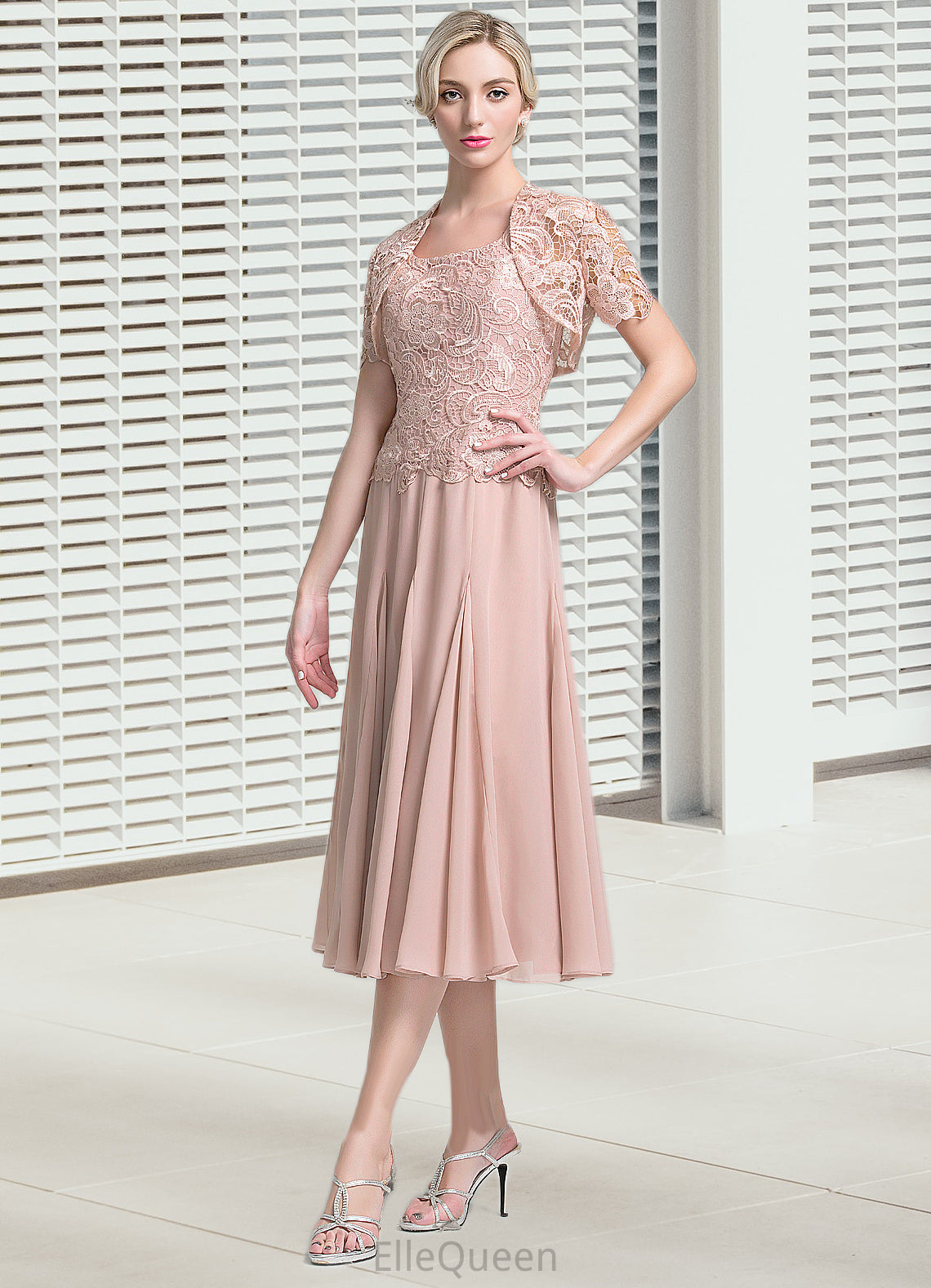 Mildred A-Line Square Neckline Tea-Length Chiffon Mother of the Bride Dress DG126P0014947