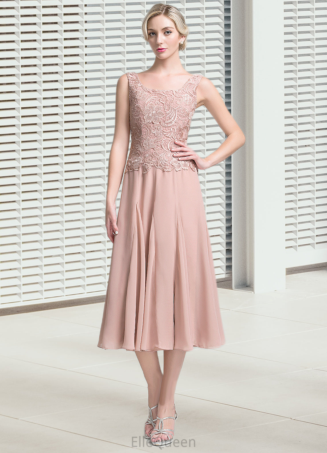 Mildred A-Line Square Neckline Tea-Length Chiffon Mother of the Bride Dress DG126P0014947