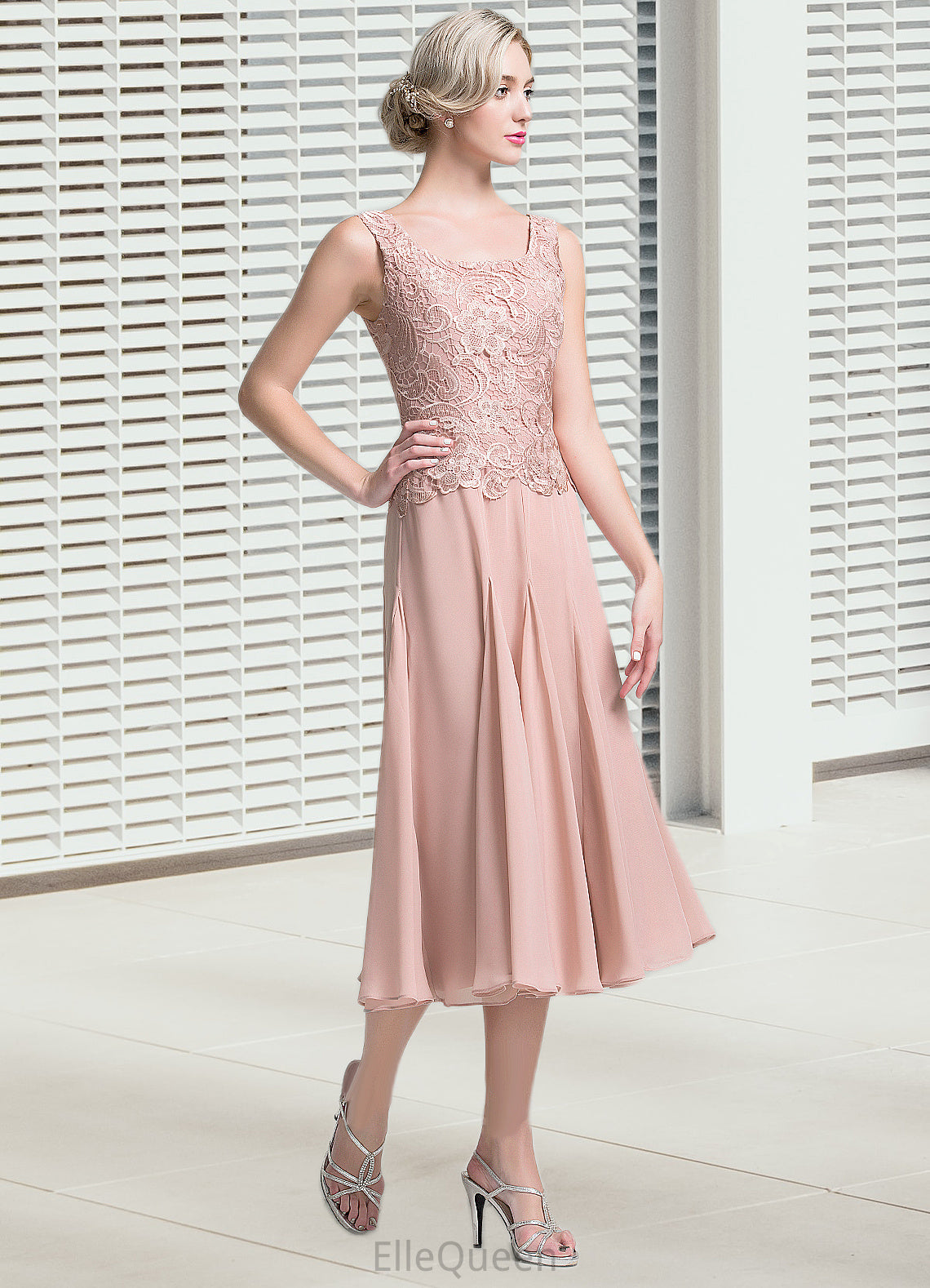 Mildred A-Line Square Neckline Tea-Length Chiffon Mother of the Bride Dress DG126P0014947