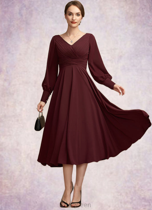 Allison A-Line V-neck Tea-Length Mother of the Bride Dress With Ruffle DG126P0014948