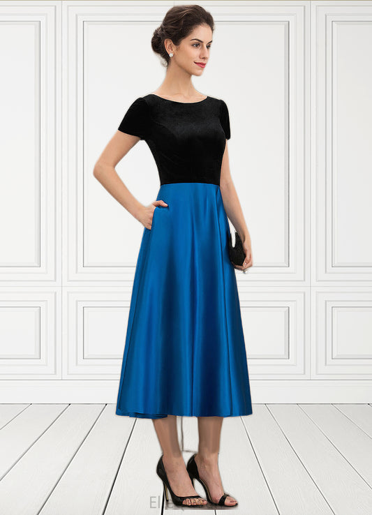 Abril A-Line Scoop Neck Tea-Length Satin Velvet Mother of the Bride Dress With Pockets DG126P0014950