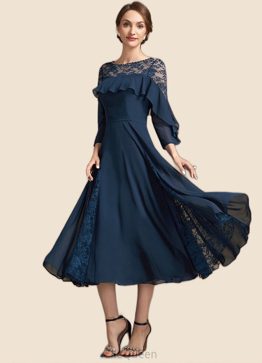 Aubrey A-Line Scoop Neck Tea-Length Chiffon Lace Mother of the Bride Dress With Beading Cascading Ruffles DG126P0014952