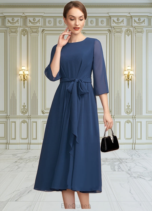 Lucille A-Line Scoop Neck Tea-Length Chiffon Mother of the Bride Dress With Ruffle Bow(s) DG126P0014954