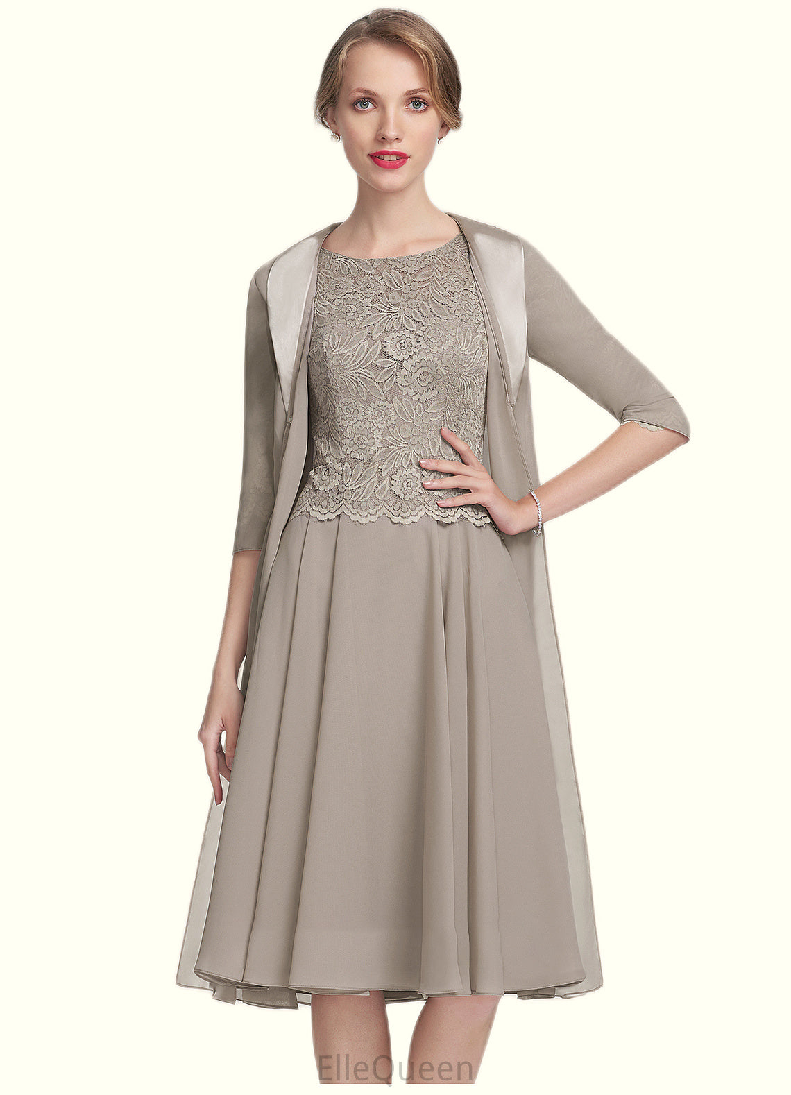 Jacquelyn A-Line Scoop Neck Knee-Length Chiffon Lace Mother of the Bride Dress DG126P0014955