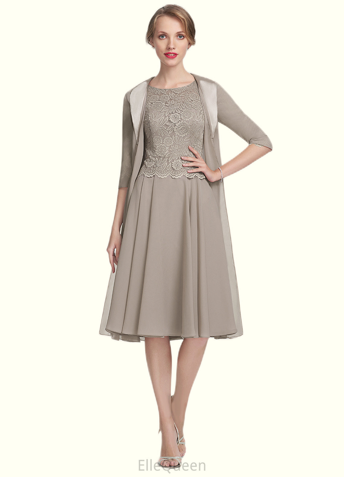 Jacquelyn A-Line Scoop Neck Knee-Length Chiffon Lace Mother of the Bride Dress DG126P0014955