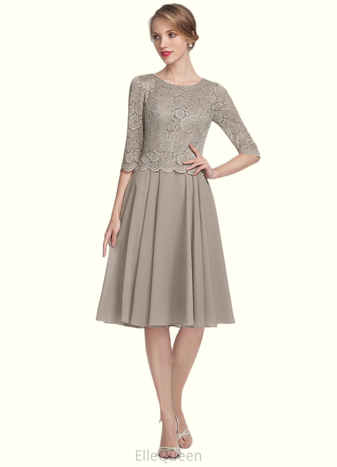 Jacquelyn A-Line Scoop Neck Knee-Length Chiffon Lace Mother of the Bride Dress DG126P0014955