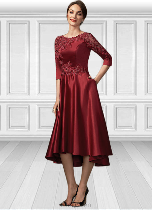 Janiya A-Line Scoop Neck Asymmetrical Satin Lace Mother of the Bride Dress With Sequins Pockets DG126P0014962