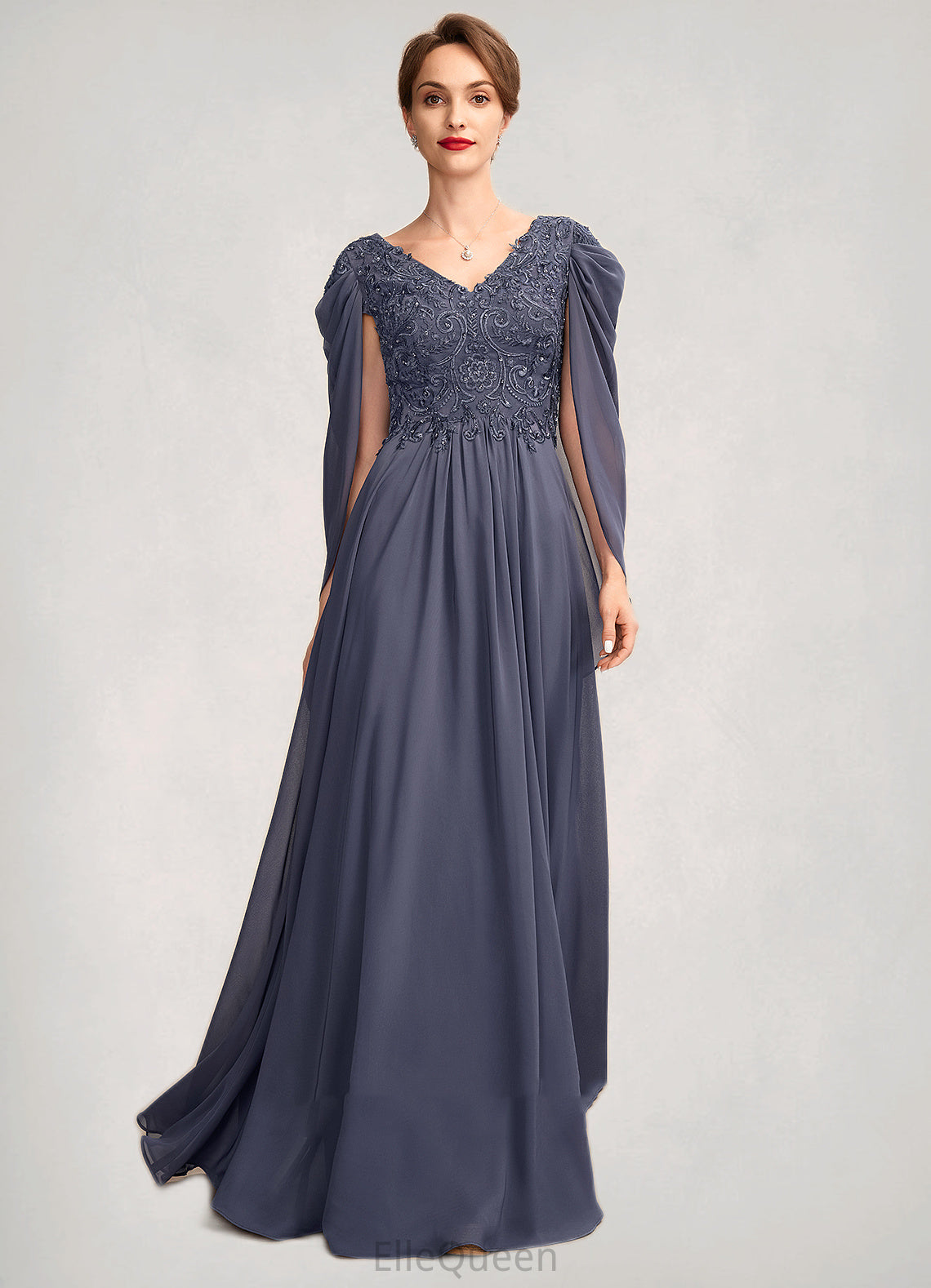 Fiona A-Line V-neck Floor-Length Chiffon Lace Mother of the Bride Dress With Beading Sequins DG126P0015022