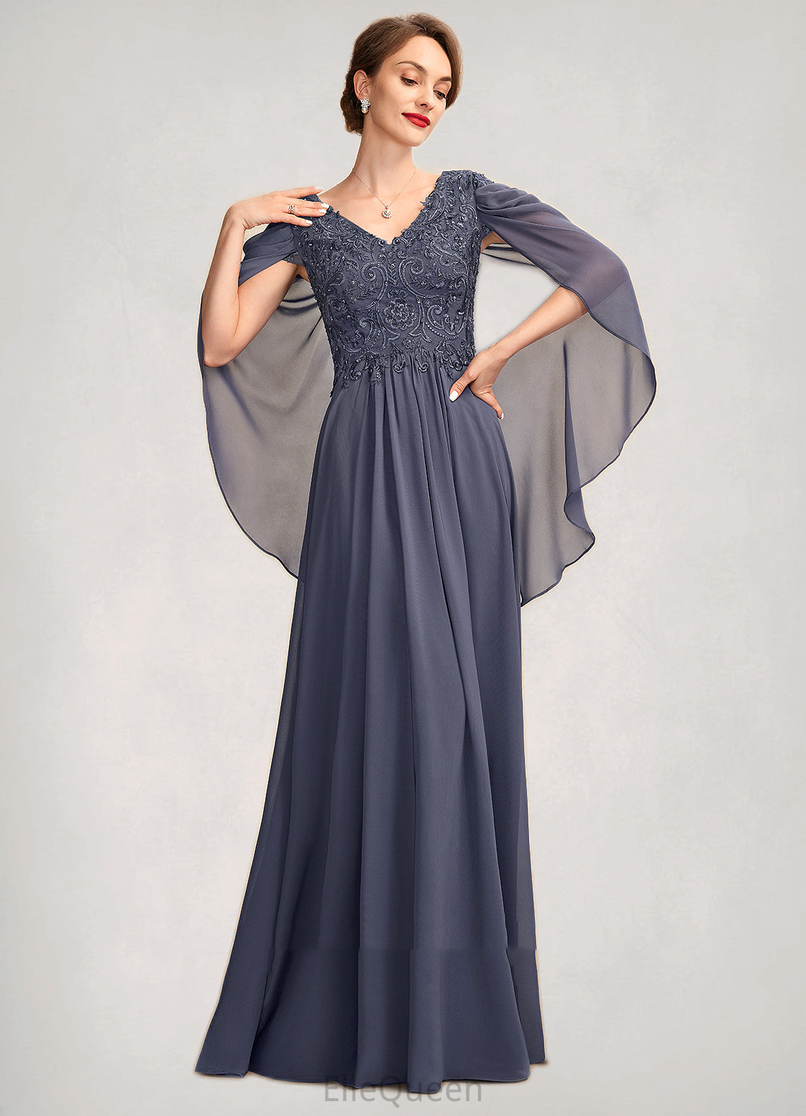 Fiona A-Line V-neck Floor-Length Chiffon Lace Mother of the Bride Dress With Beading Sequins DG126P0015022