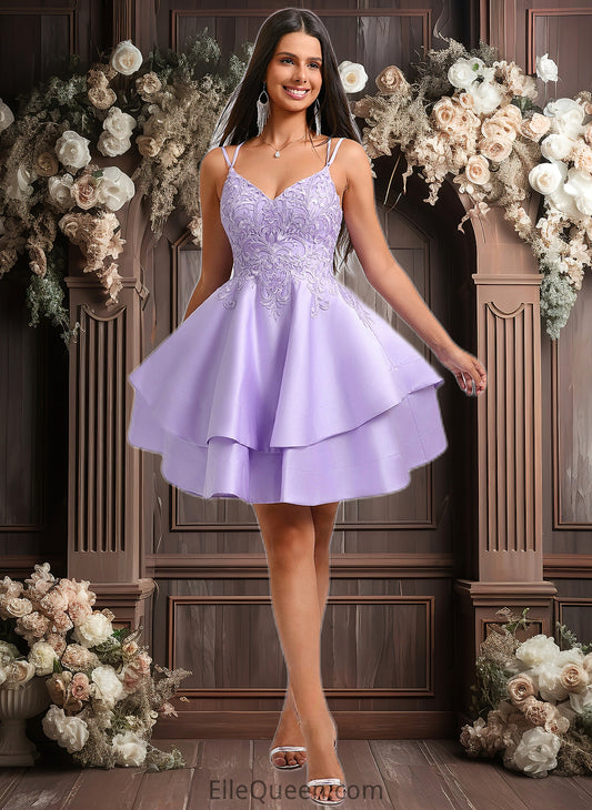 Nataly A-line V-Neck Short Satin Homecoming Dress With Appliques Lace DGP0025692