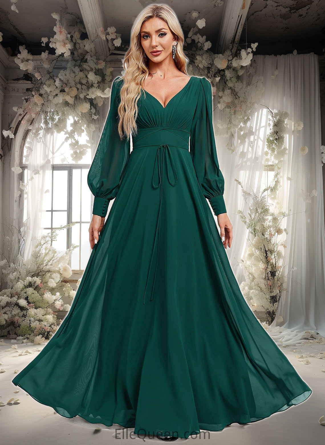 Toni A-line V-Neck Floor-Length Chiffon Bridesmaid Dress DGP0025816