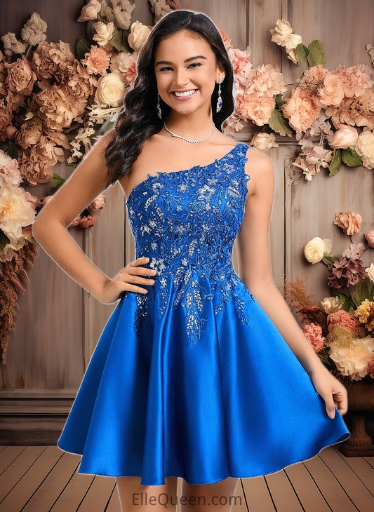 Charlie A-line One Shoulder Short Satin Homecoming Dress With Appliques Lace Sequins DGP0025657