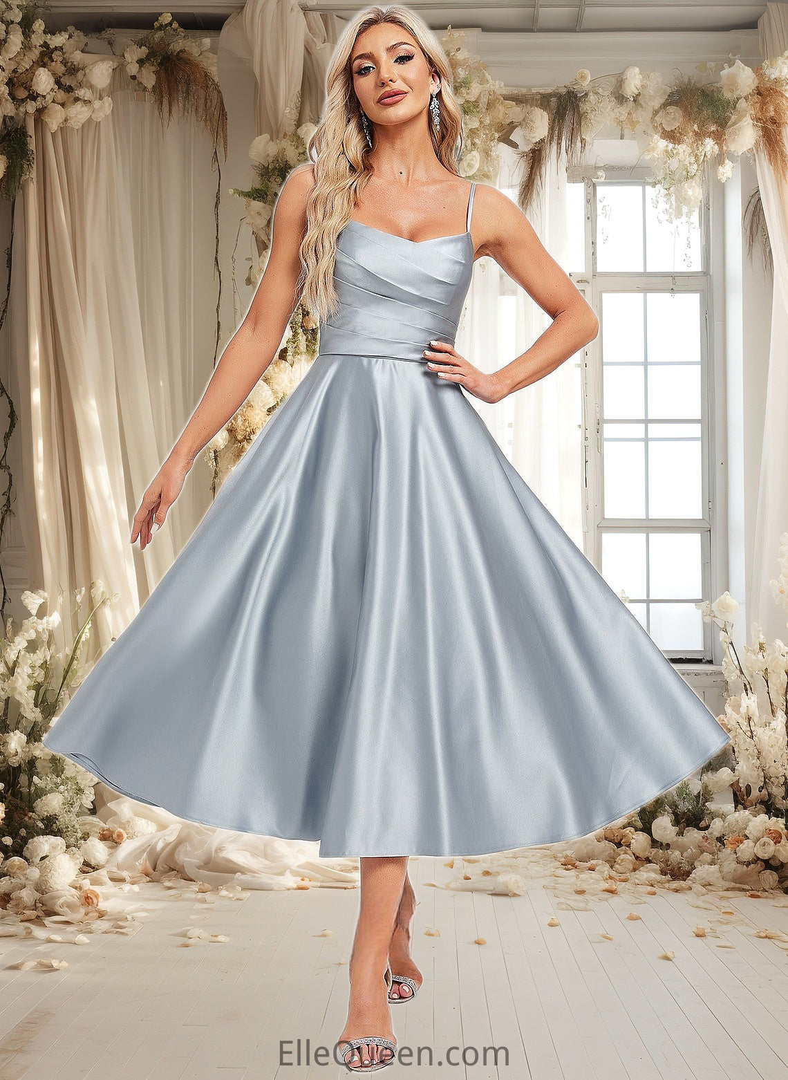 Lyric A-line V-Neck Tea-Length Satin Bridesmaid Dress DGP0025794