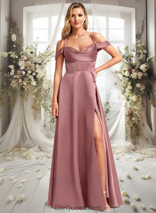 Ansley A-line Cold Shoulder Floor-Length Satin Bridesmaid Dress DGP0025750