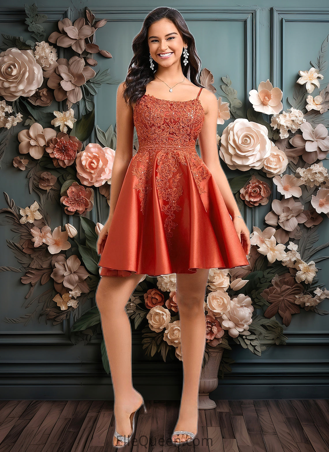 Trinity A-line Scoop Short Satin Lace Homecoming Dress With Sequins DGP0025683