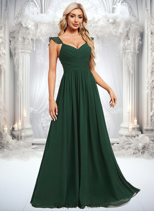 Desirae A-line V-Neck Floor-Length Chiffon Bridesmaid Dress With Ruffle DGP0025811