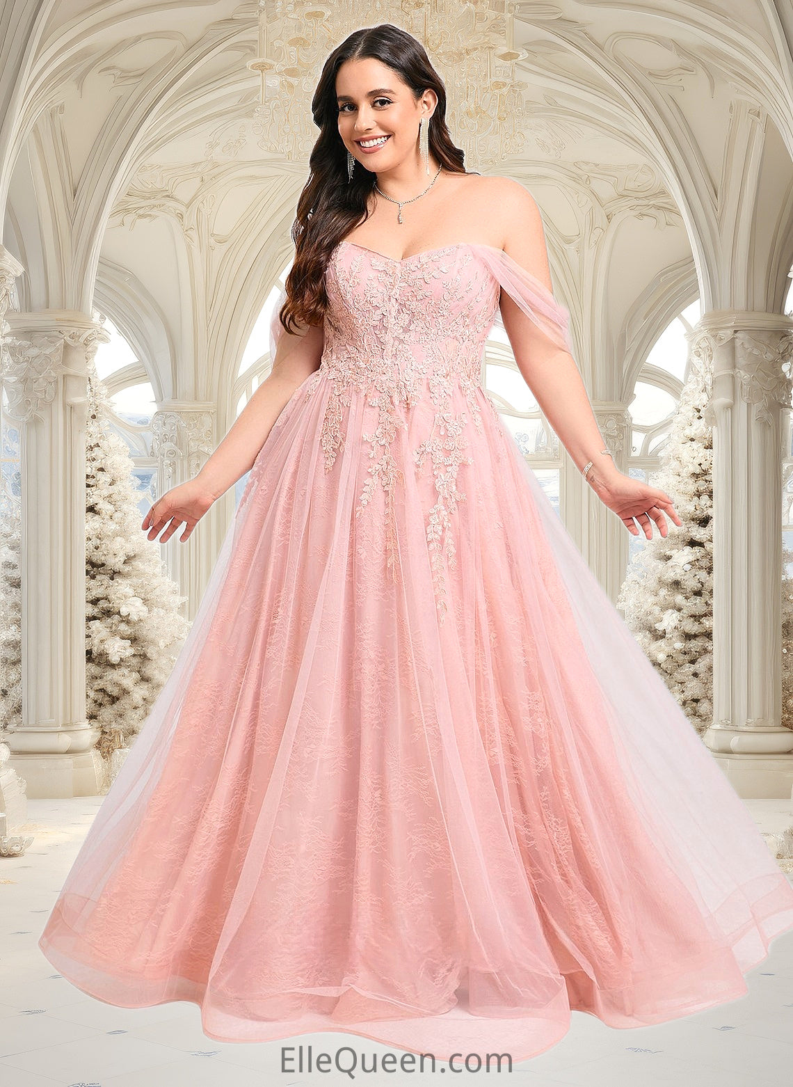 Esmeralda A-line Sweetheart Off the Shoulder Floor-Length Tulle Floral Lace Prom Dresses With Appliques Lace DGP0025870