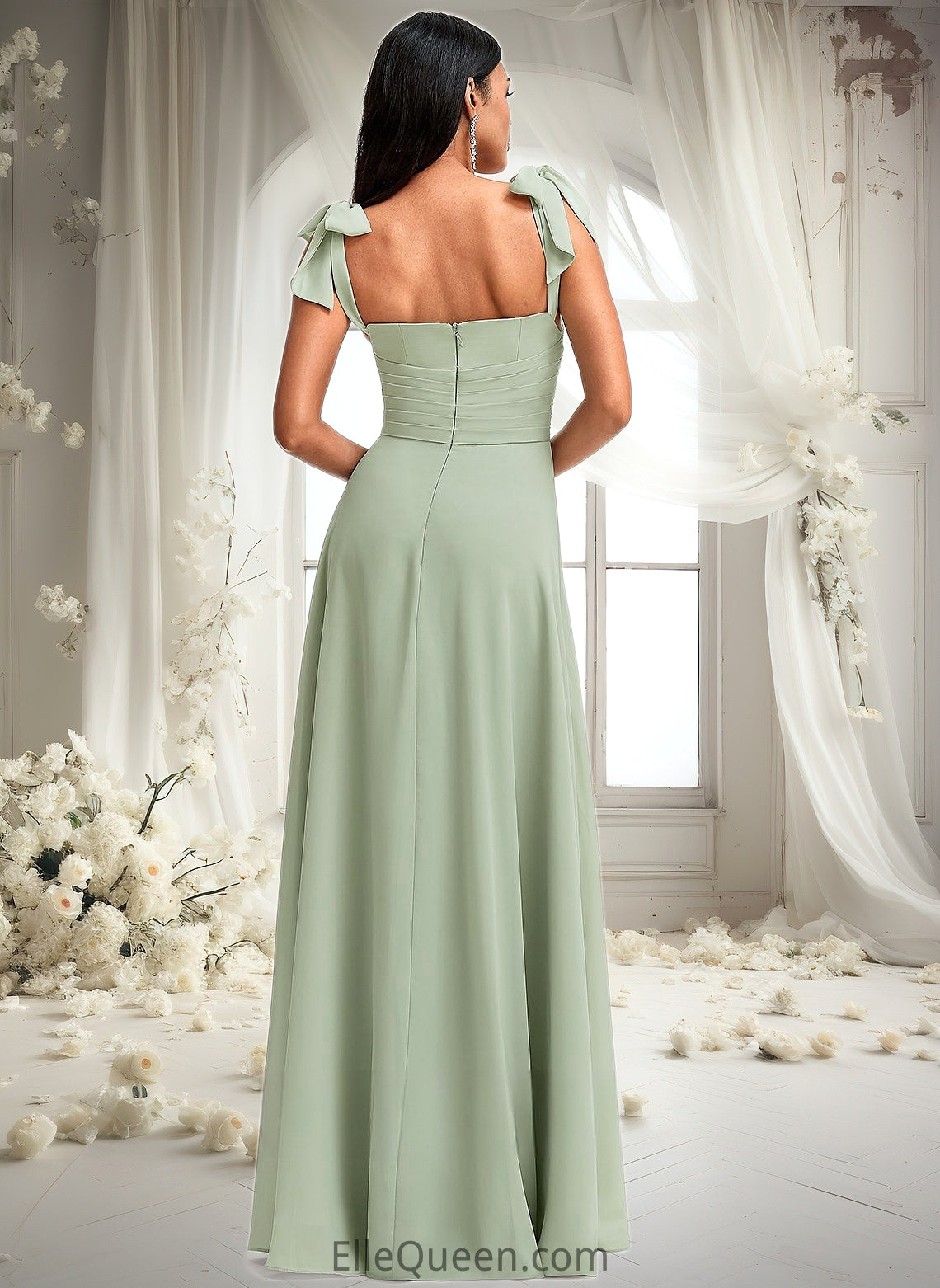 Carina A-line Cowl Floor-Length Chiffon Bridesmaid Dress With Bow DGP0025738