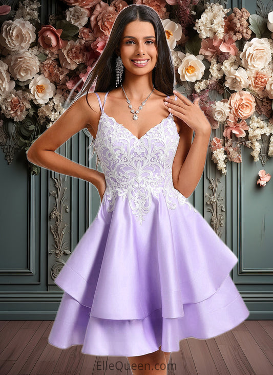 Alula A-line V-Neck Short Satin Homecoming Dress With Appliques Lace DGP0025696