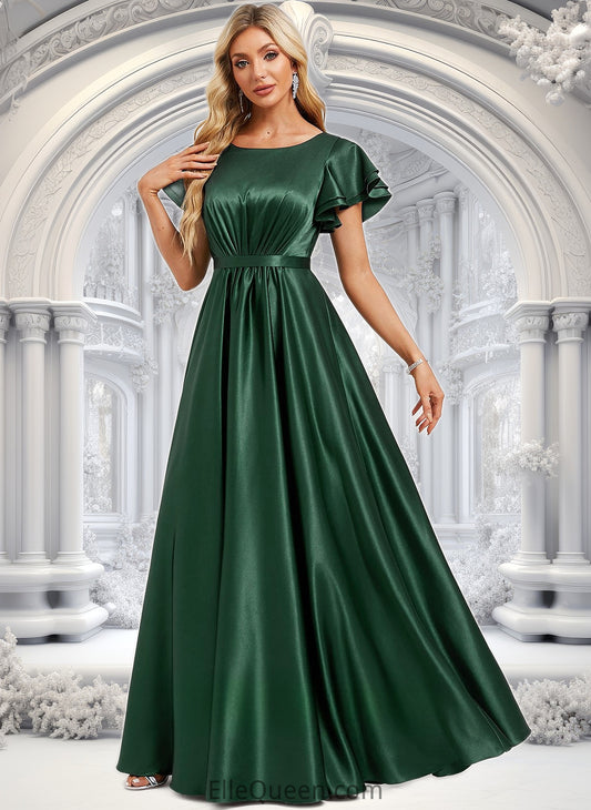 Jillian A-line Scoop Floor-Length Stretch Satin Bridesmaid Dress With Ruffle DGP0025770