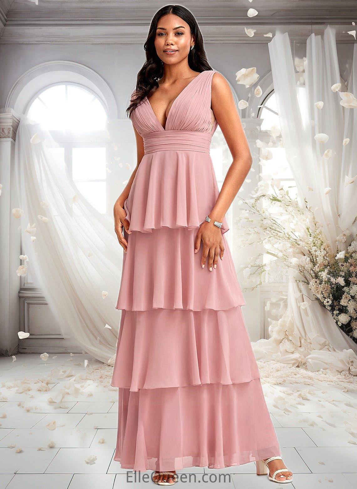 Ximena A-line V-Neck Floor-Length Chiffon Bridesmaid Dress DGP0025749