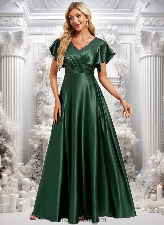 Kylie A-line V-Neck Floor-Length Stretch Satin Bridesmaid Dress With Ruffle DGP0025773