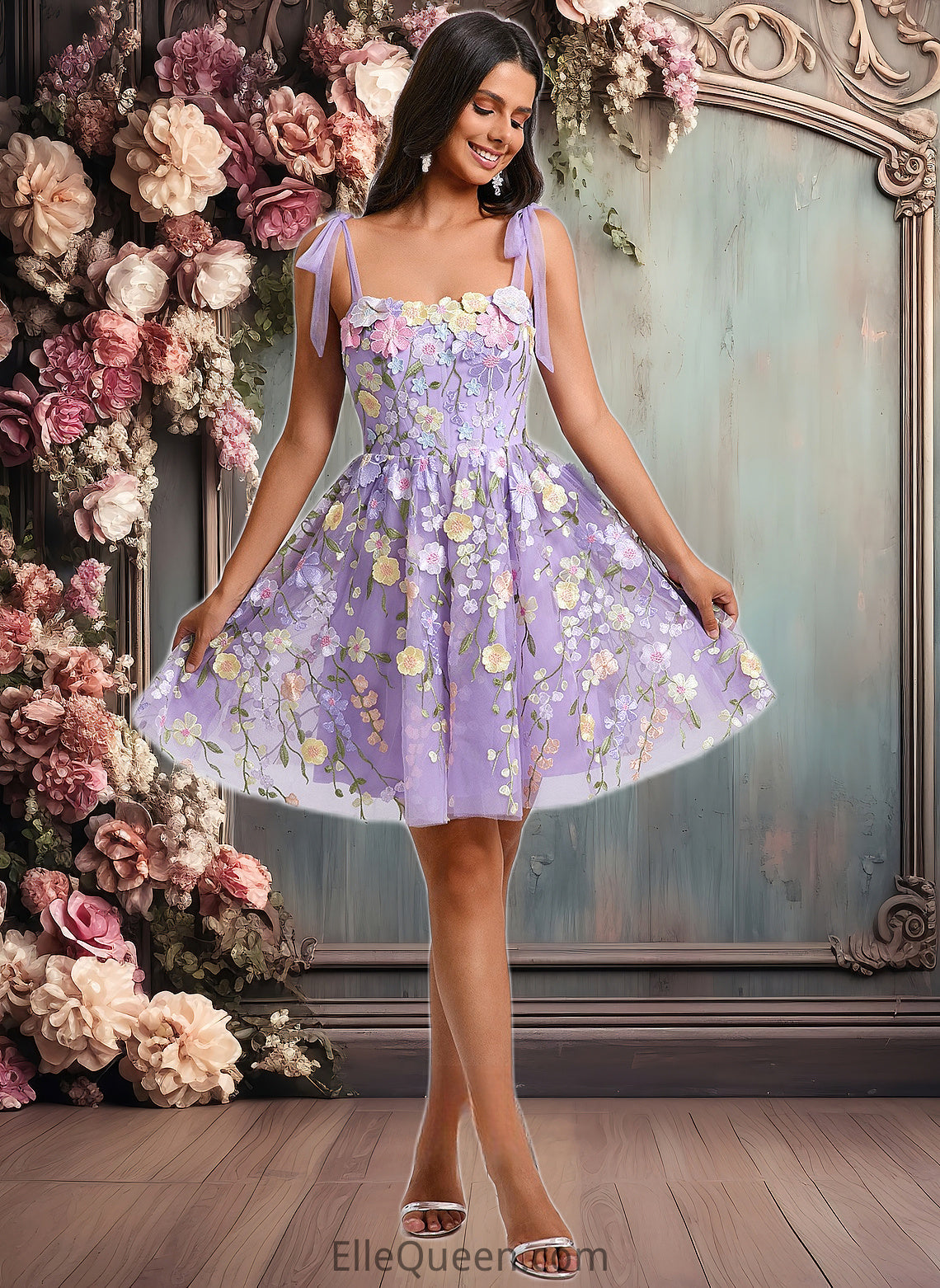 Ryann A-line Scoop Short Floral Lace Homecoming Dress With Bow 3D Floral DGP0025695