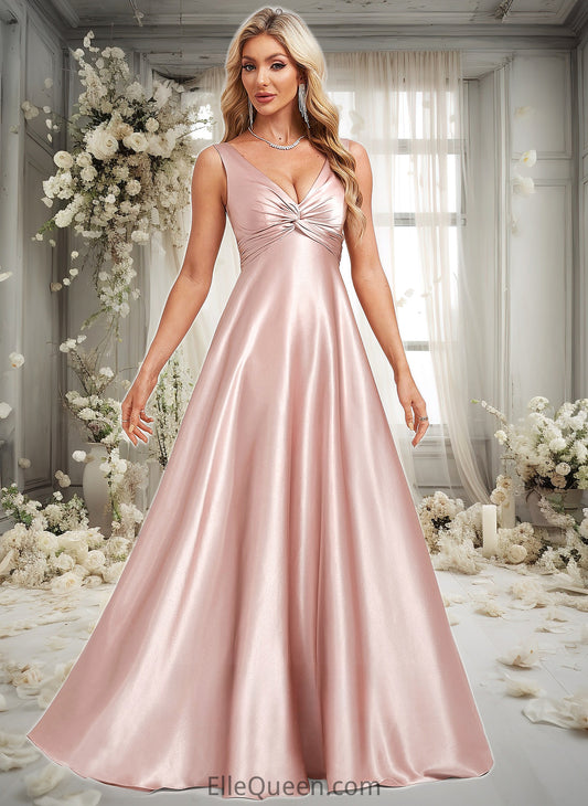 Aliya A-line V-Neck Floor-Length Stretch Satin Bridesmaid Dress DGP0025779