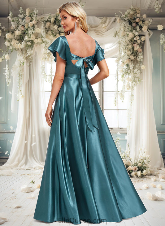 Alicia A-line V-Neck Floor-Length Stretch Satin Bridesmaid Dress With Ruffle DGP0025780