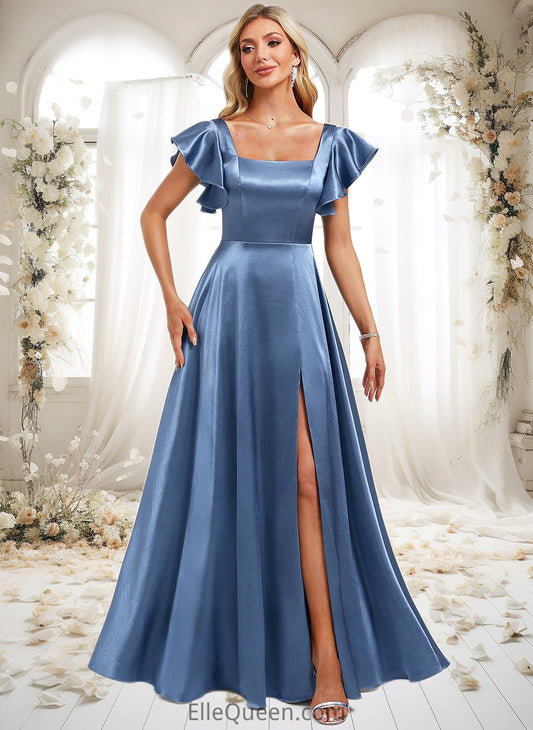 Melody A-line Square Floor-Length Stretch Satin Bridesmaid Dress With Ruffle DGP0025769