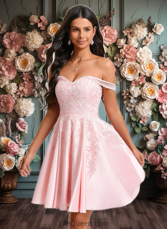 Renee A-line Off the Shoulder Short Satin Homecoming Dress With Rhinestone Beading Appliques Lace DGP0025679