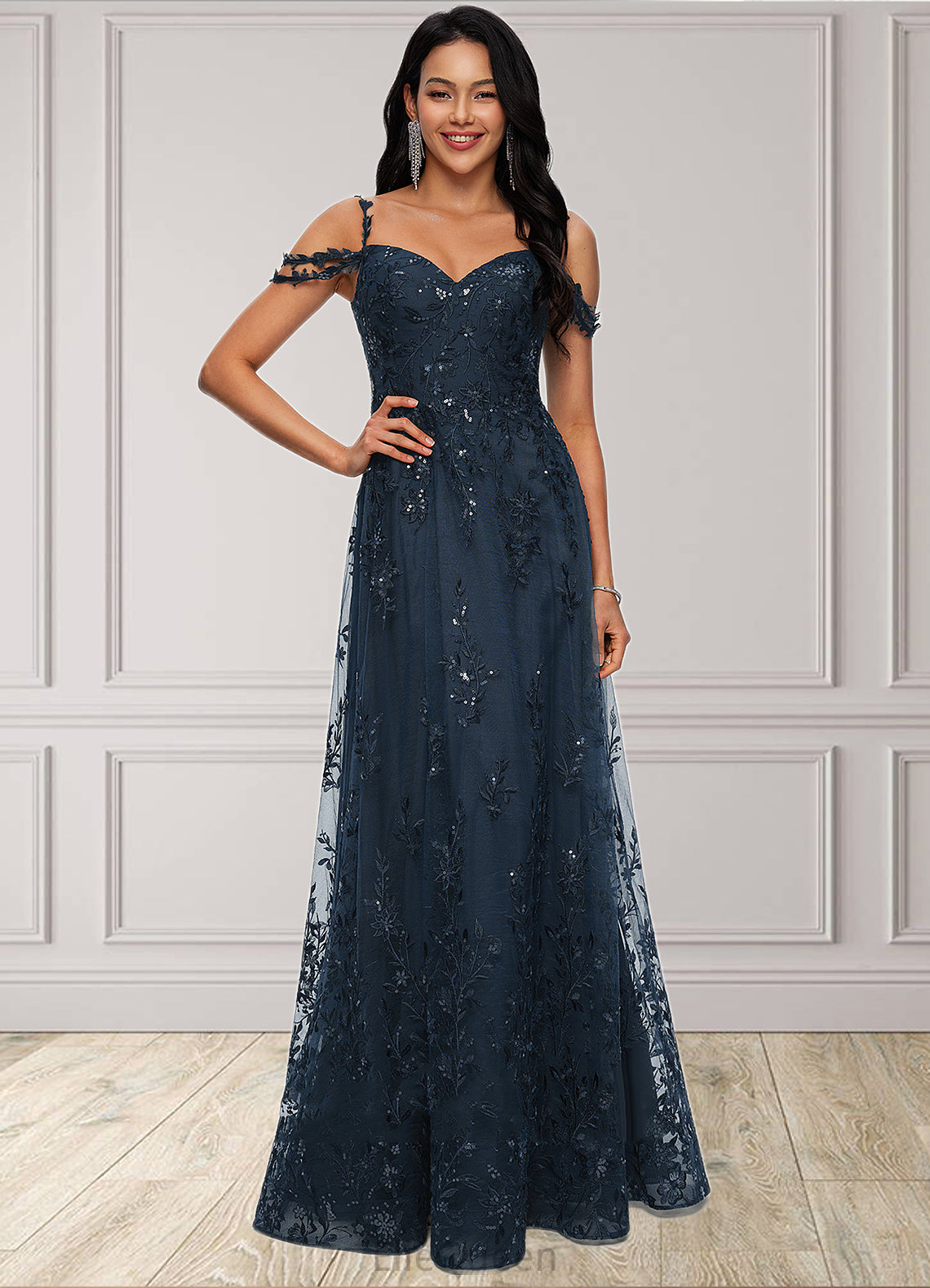 Clare A-line V-Neck Floor-Length Lace Prom Dresses With Sequins DGP0022222