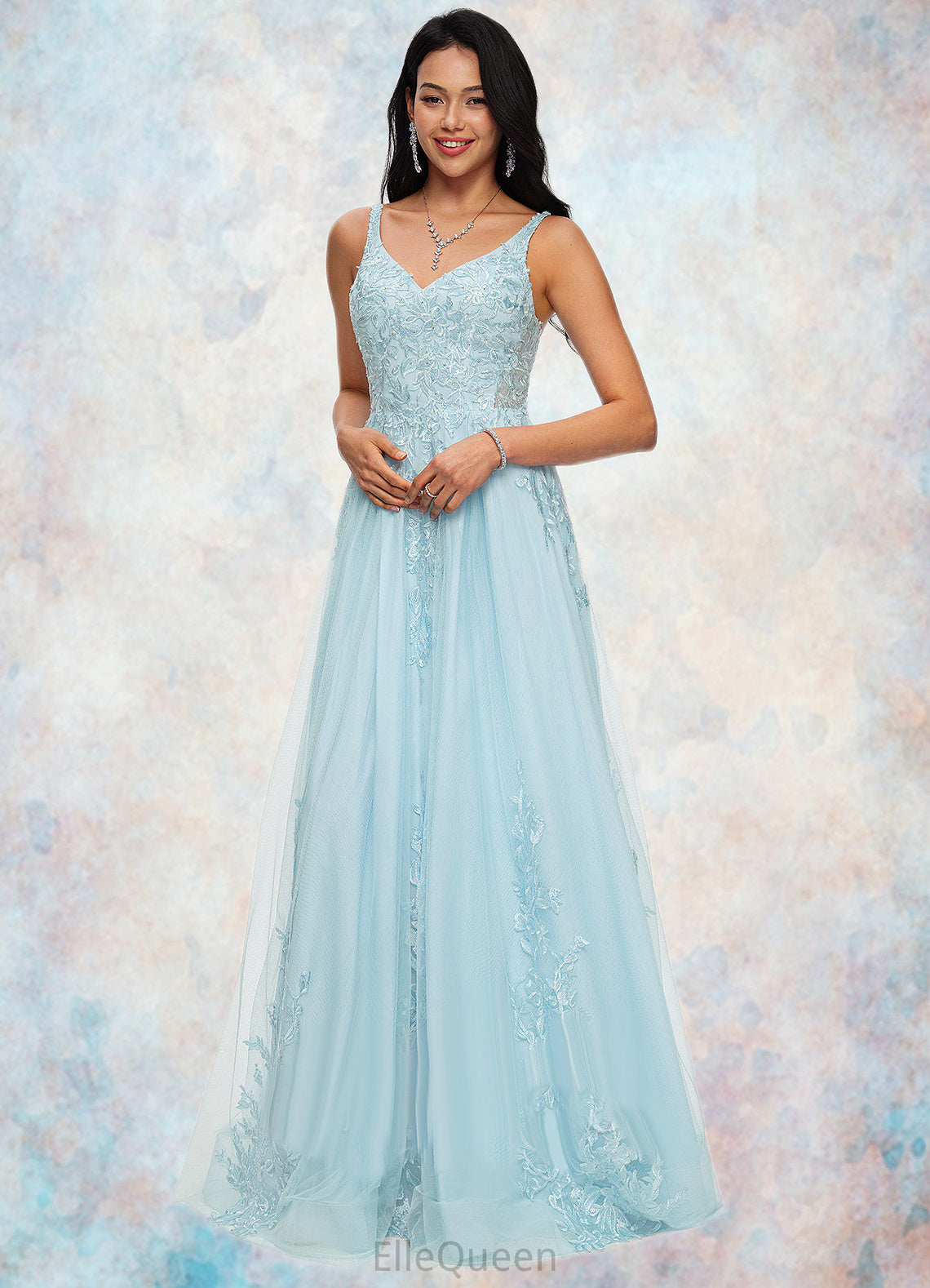 Hilary A-line V-Neck Floor-Length Tulle Prom Dresses With Rhinestone Appliques Lace Sequins DGP0022225